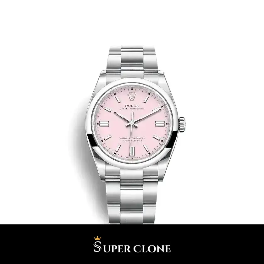 Rolex Oyster Perpetual 126000 réplica esfera rosa chicle — vista frontal