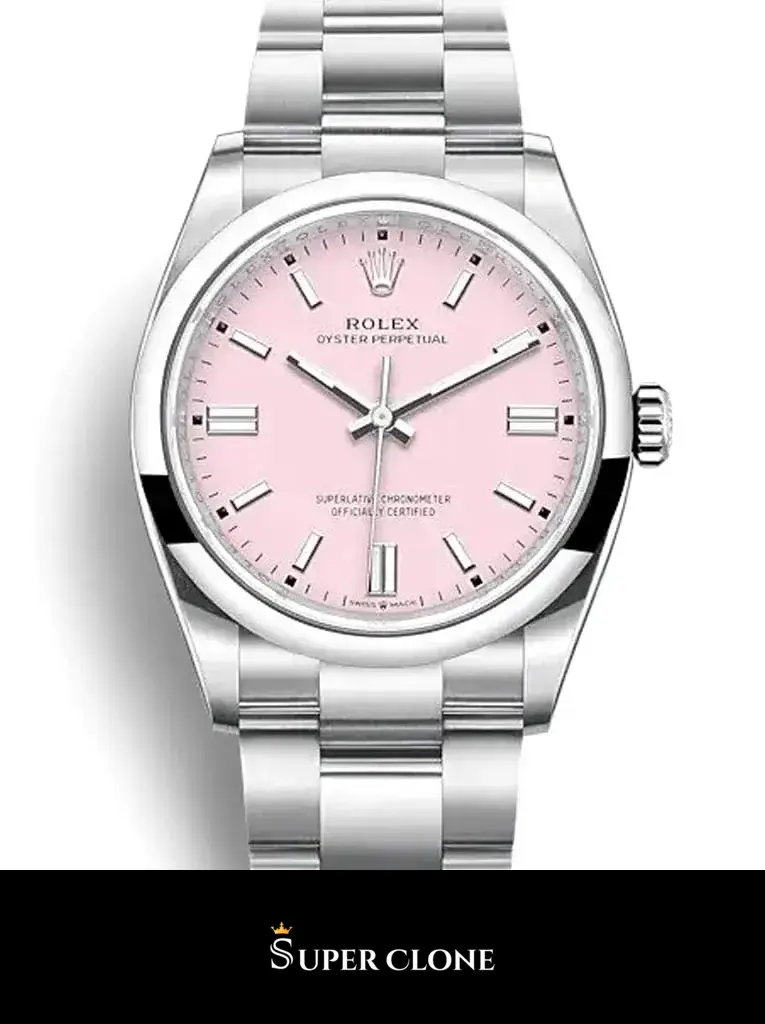 Rolex Oyster Perpetual 126000 replica 36 mm, primer plano de la esfera rosa chicle
