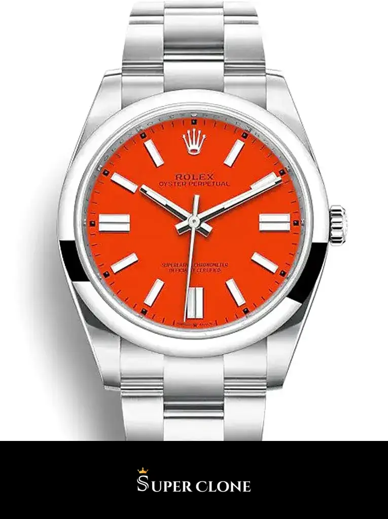 Oyster Perpetual 126000 replica miyota, 36 mm, primer plano de la esfera coral rojo