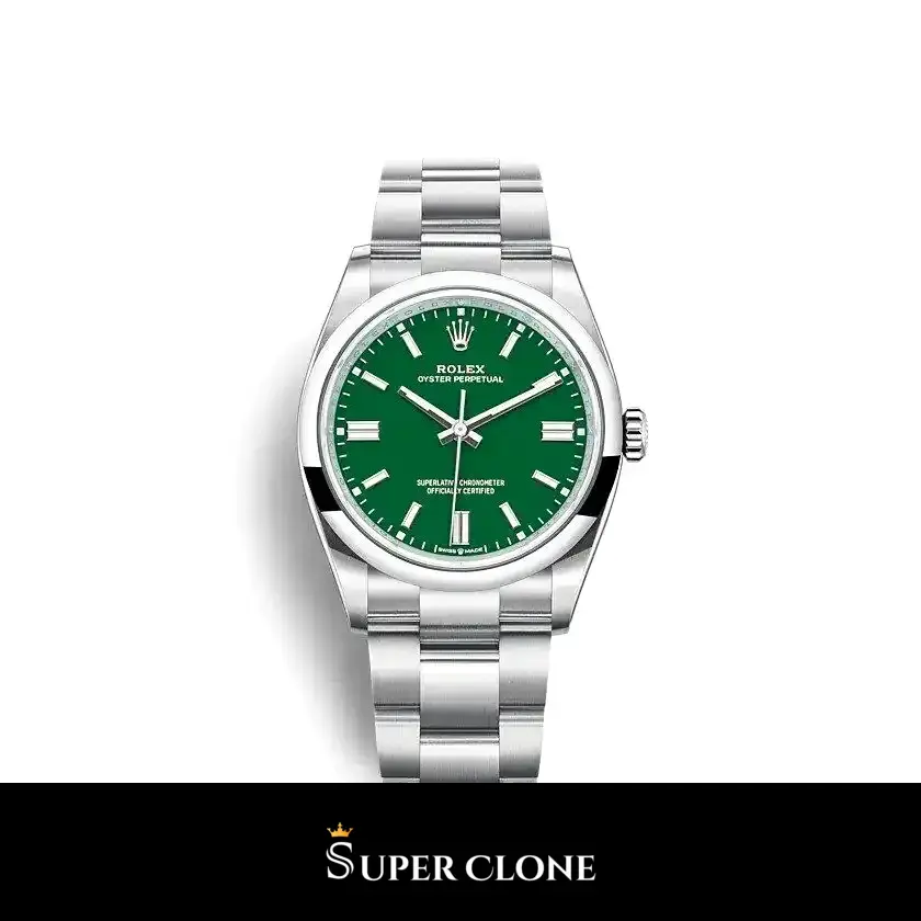 Rolex Oyster Perpetual 126000 réplica Miyota esfera verde — vista frontal