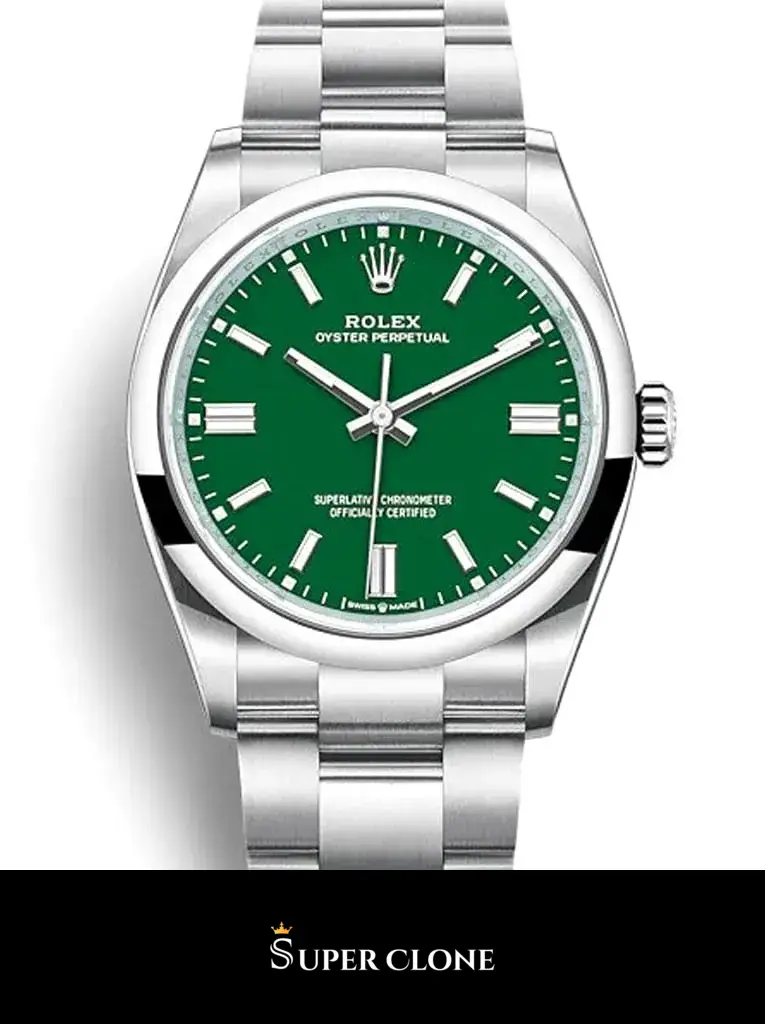 Oyster Perpetual 126000 replica, esfera verde, primer plano de la esfera