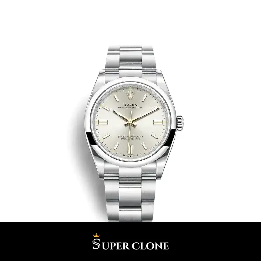 Rolex Oyster Perpetual 126000 réplica esfera plata — vista frontal