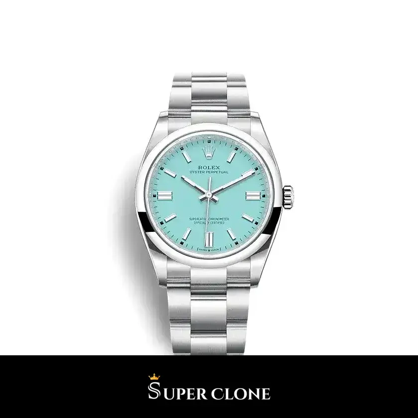 Rolex Oyster Perpetual 126000 Tiffany réplica esfera turquesa — vista frontal