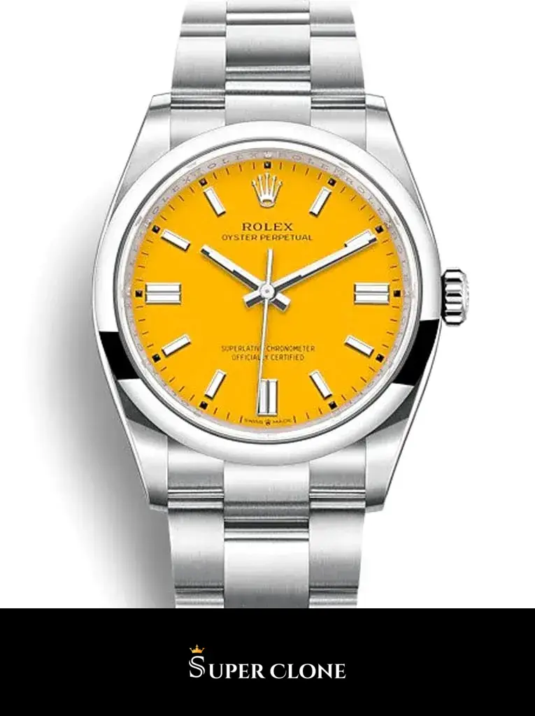Rolex Oyster Perpetual 126000 réplica, detalle de la esfera amarilla