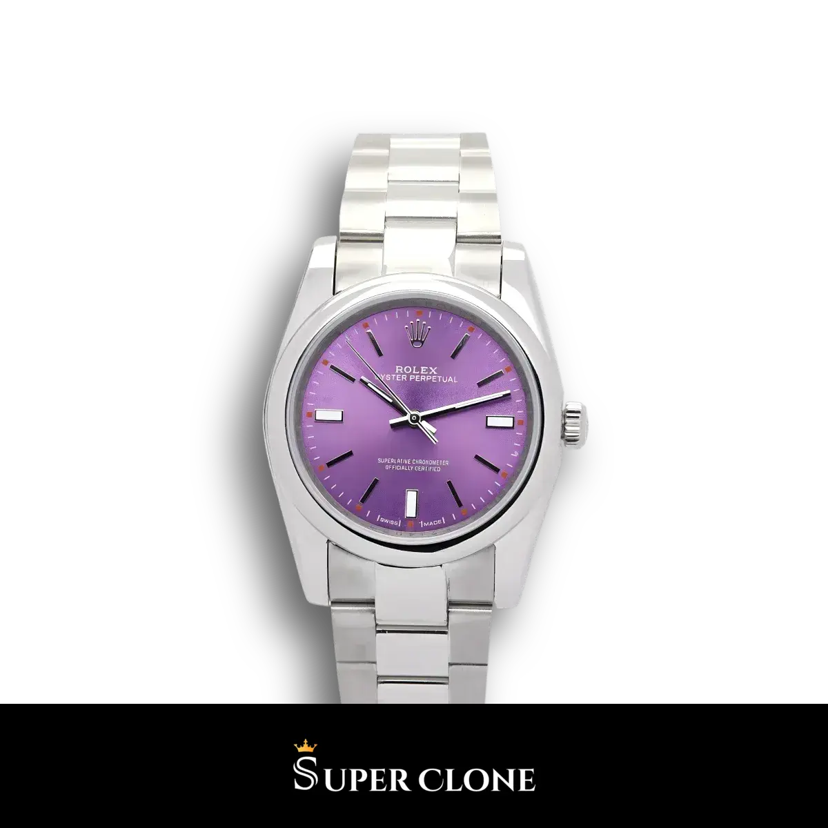 Rolex Oyster Perpetual 177200 replica esfera morada, vista frontal