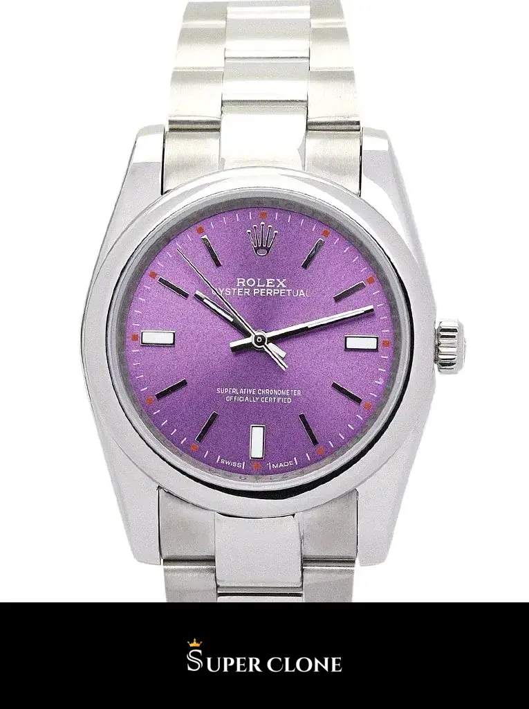 Rolex Oyster Perpetual 177200 replica morado, detalle de la esfera