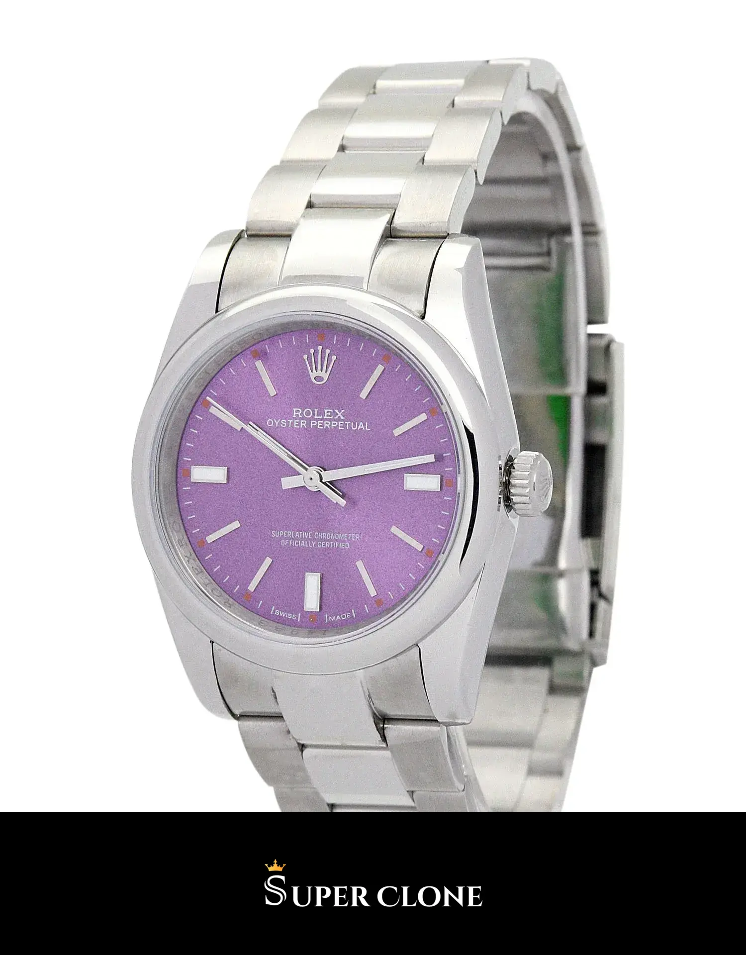Rolex Oyster Perpetual 177200 replica morado, perfil lateral