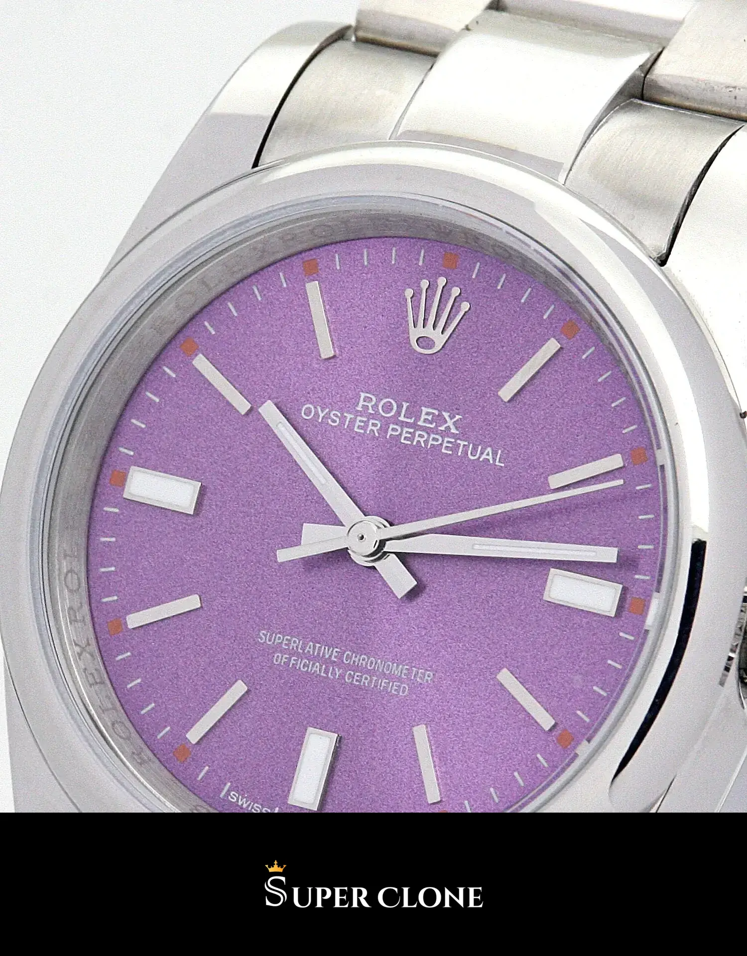Rolex Oyster Perpetual 177200 replica morado, detalle del brazalete Oyster