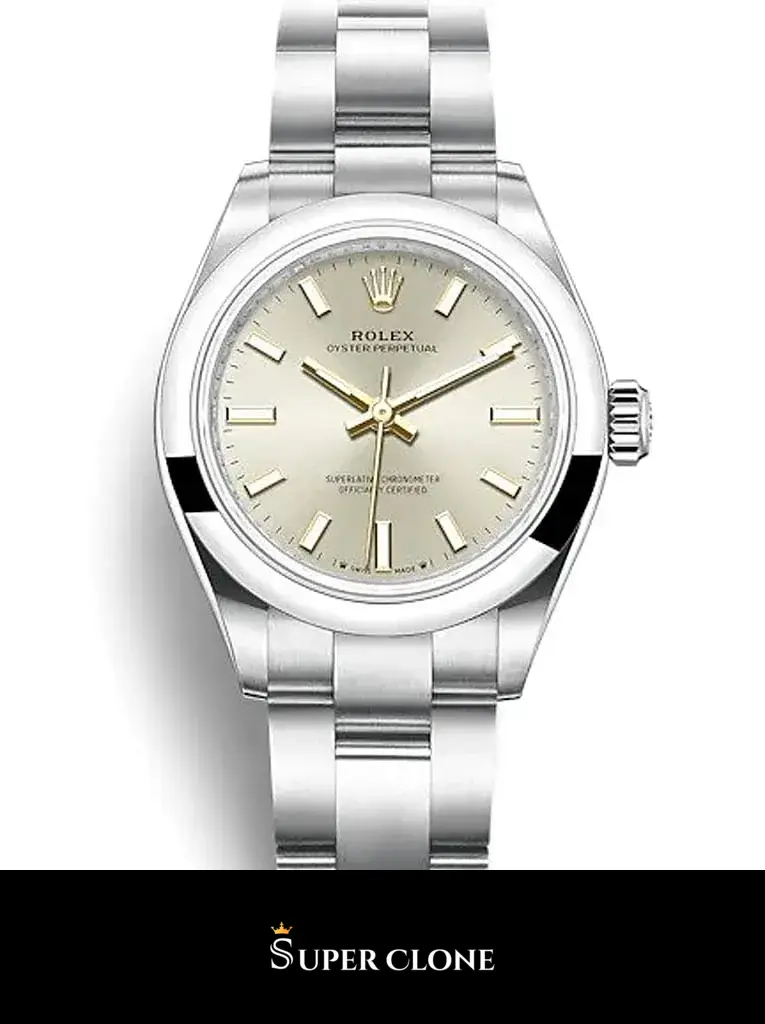 Rolex Oyster Perpetual 276200 replica, detalle de la esfera plata