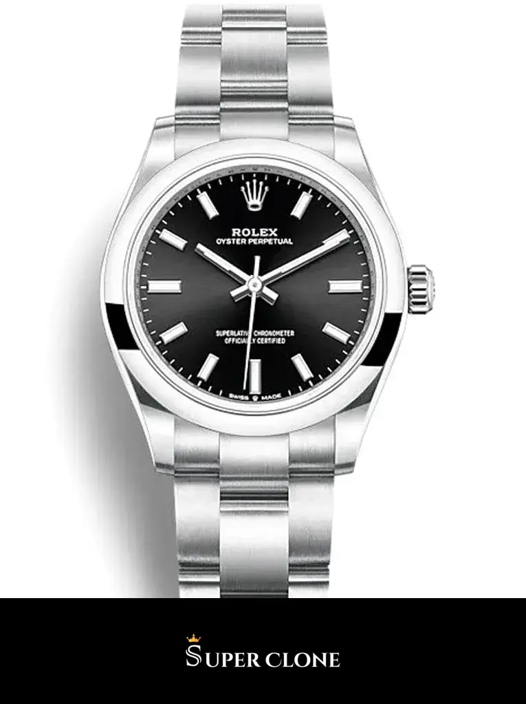 Rolex Oyster Perpetual 277200 réplica, esfera en detalle, negro plano con índices baton
