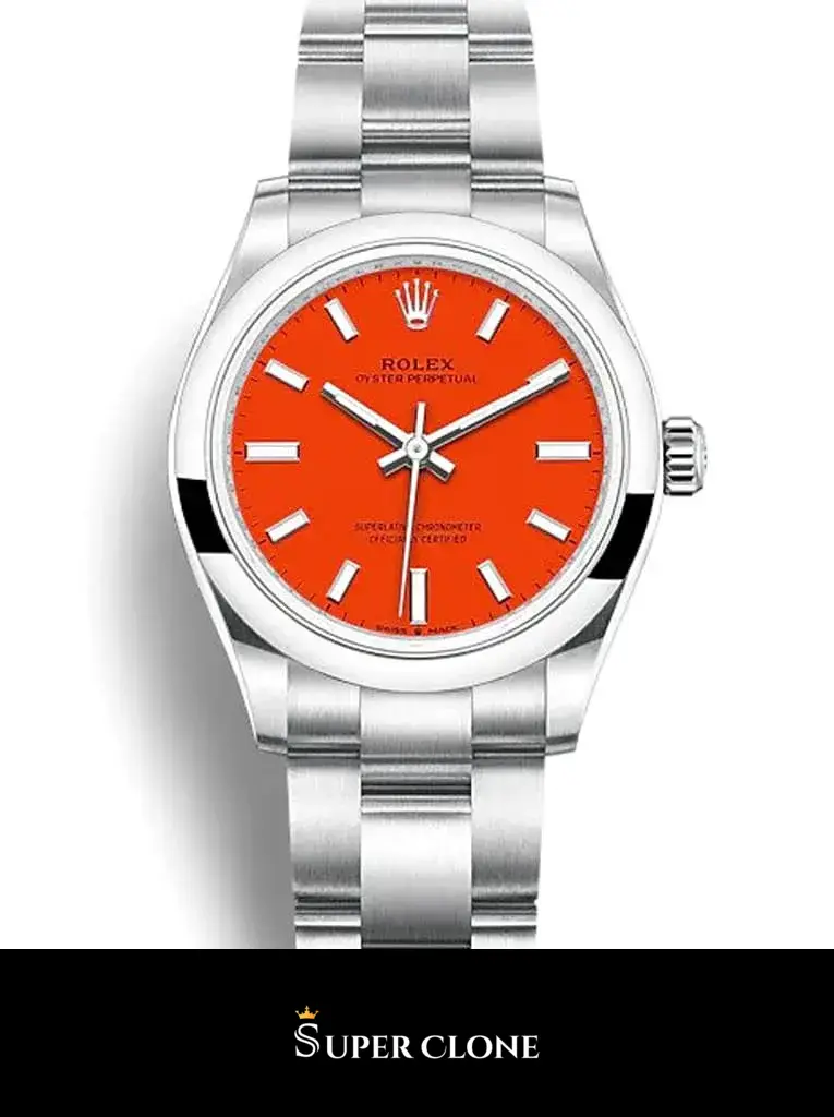 Rolex Oyster Perpetual 277200 replica, detalle de la esfera coral rojo
