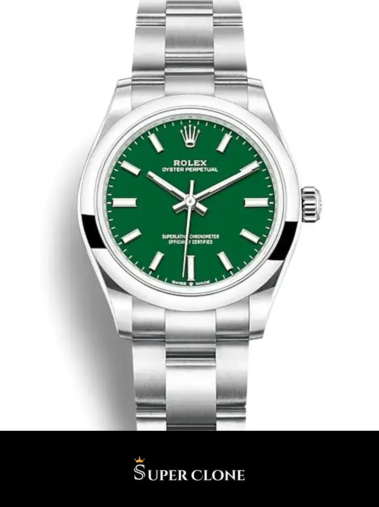 Rolex Oyster Perpetual 277200 replica, vista en angulo, esfera verde