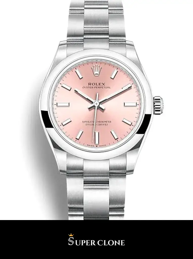 Rolex Oyster Perpetual 277200 replica, detalle de la esfera rosa lacada