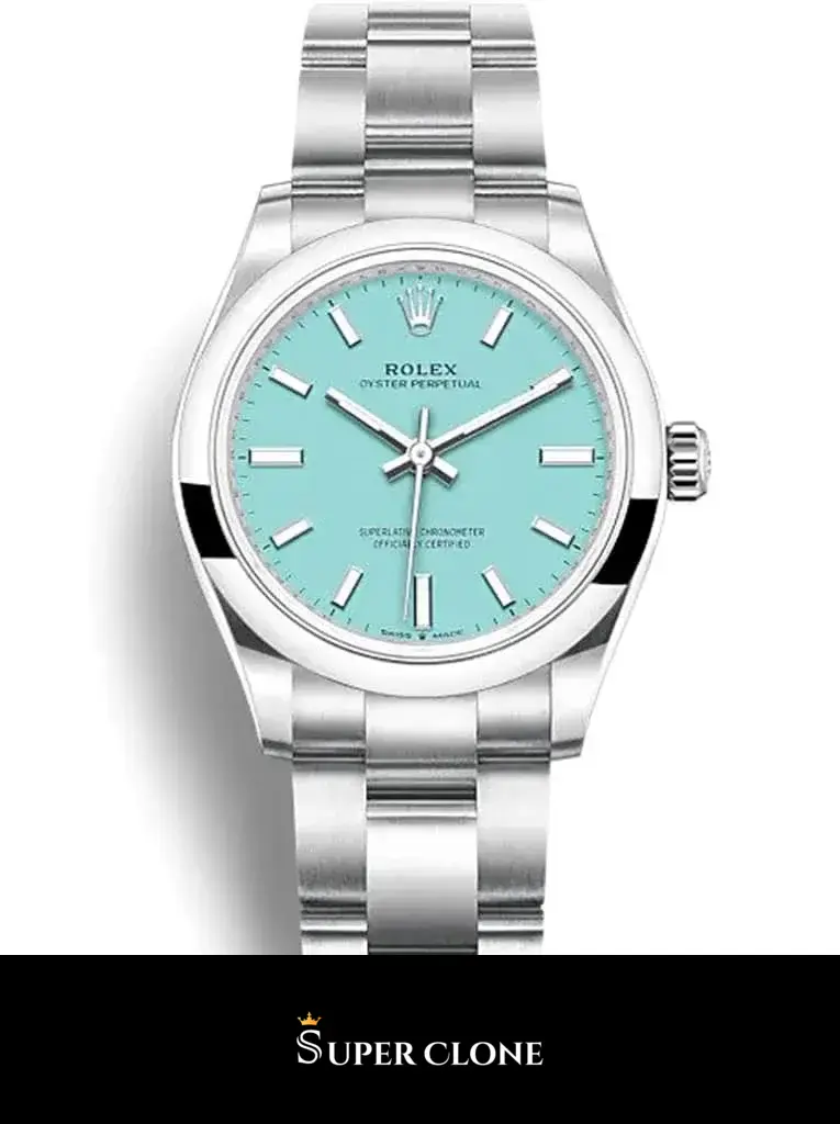 Rolex Oyster Perpetual 277200 replica, esfera en primer plano, turquesa