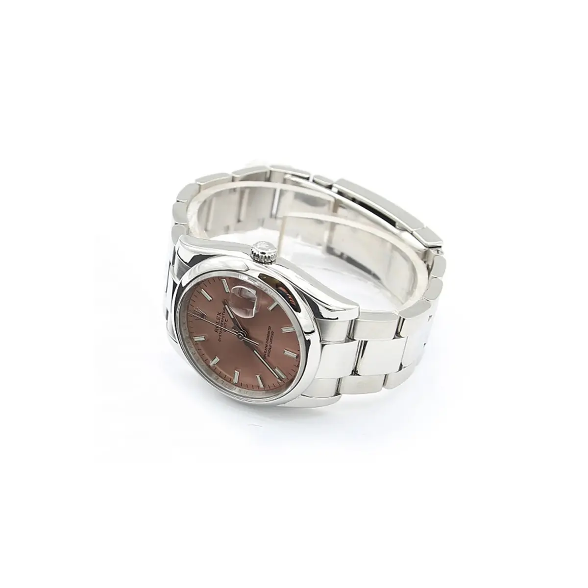 Oyster Perpetual 115200 replica de 34 mm, primer plano de la esfera salmón