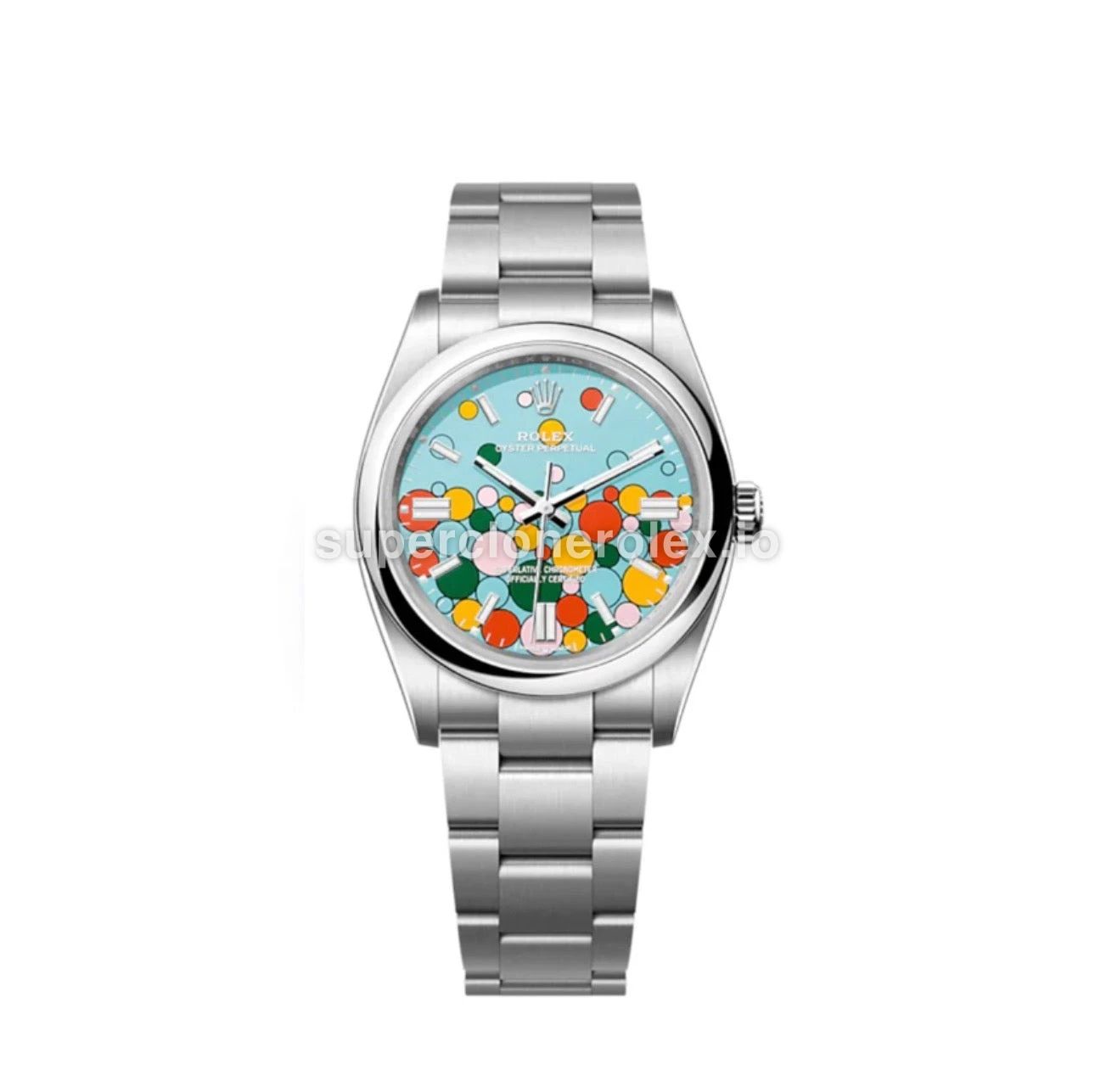 Oyster Perpetual 126000 réplica de Rolex esfera turquesa (motivo celebration) — vista frontal