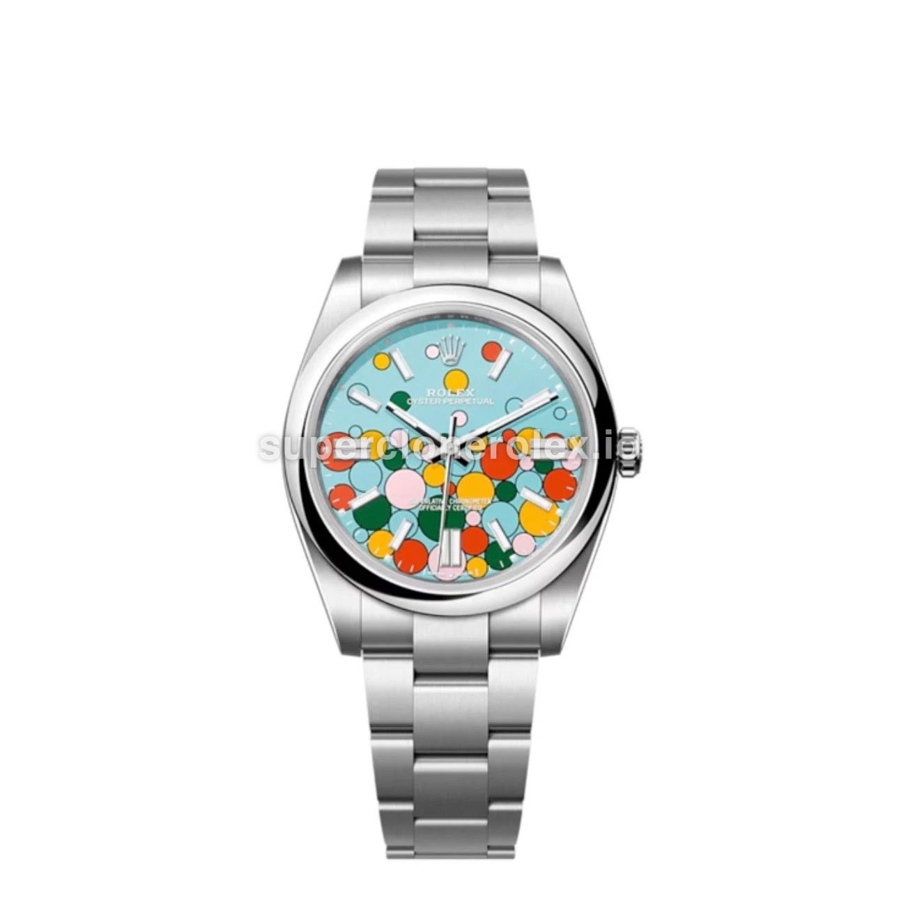 Oyster Perpetual 124300 réplica de Rolex esfera motivo celebration, azul turquesa — vista frontal