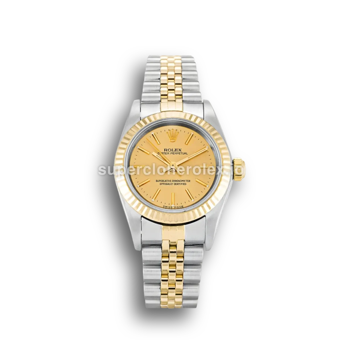 Rolex Oyster Perpetual 76193 24mm esfera oro champán y bisel liso abombado réplica