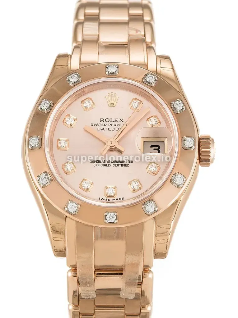 Rolex Pearlmaster 80315 esfera rosa sunburst y bisel con engaste de diamantes réplica