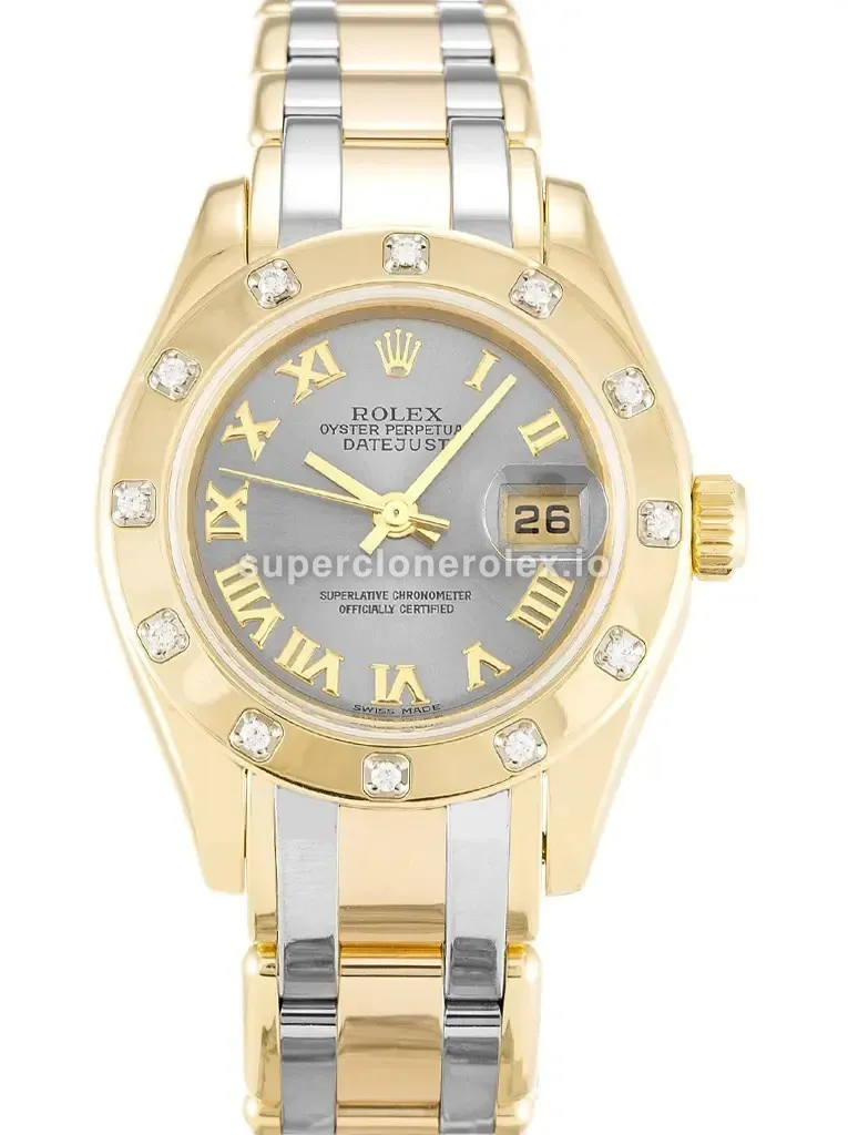 Rolex Pearlmaster 80318 esfera rodio en caja oro amarillo de 28mm réplica