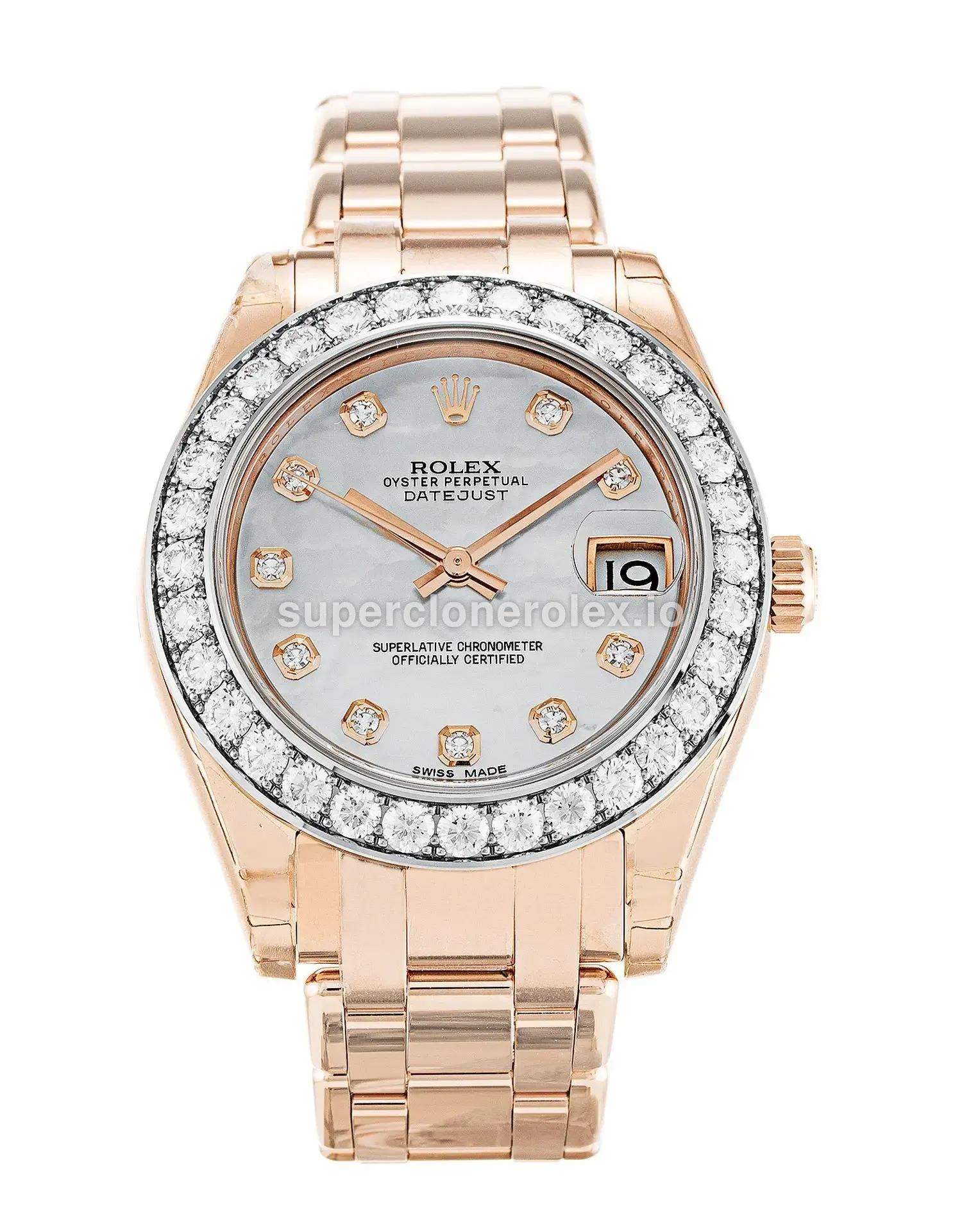 Pearlmaster 81285 réplica de Rolex esfera madreperla — vista frontal