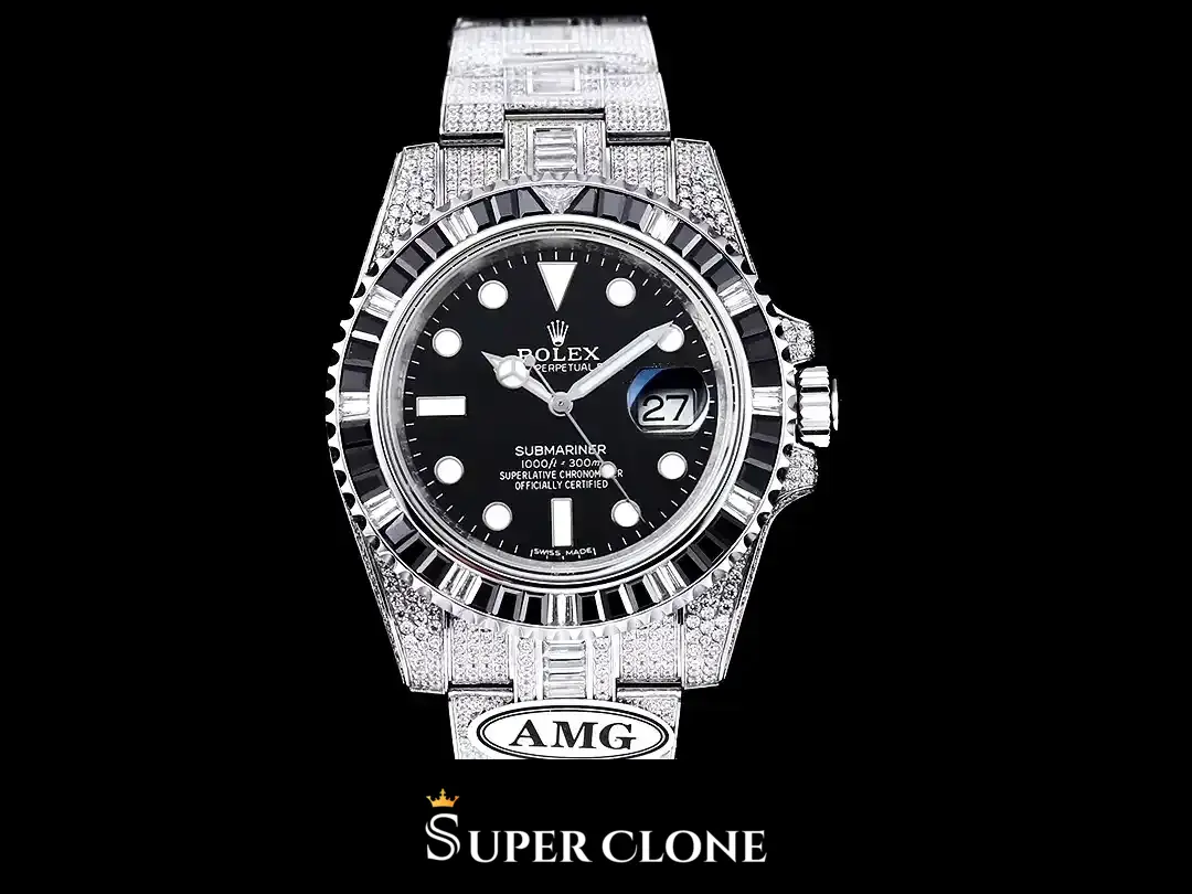 Submariner 116610LN replica con diamantes, primer plano de esfera, esfera negra con fecha