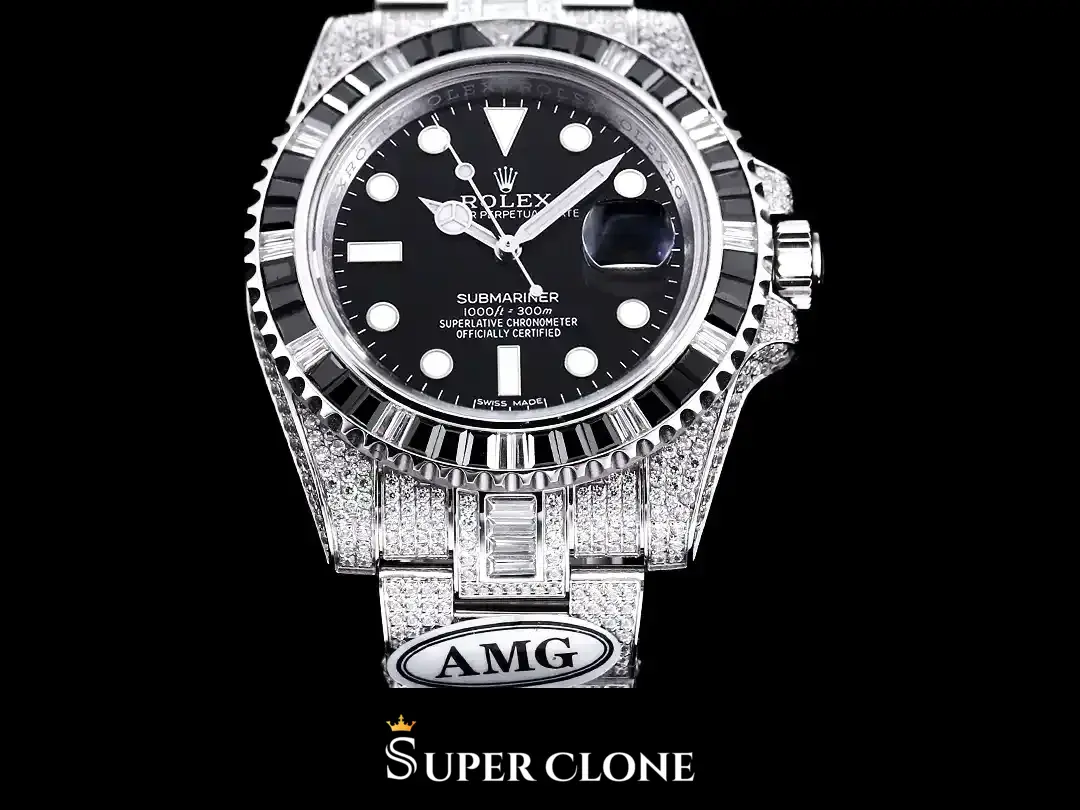 Submariner 116610LN replica iced-out Miyota, macro del bisel, bisel de baguettes negras