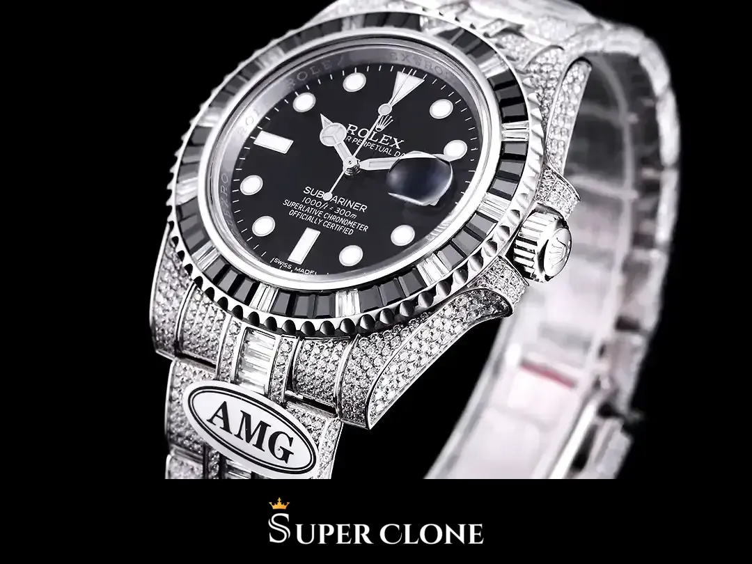 Rolex Submariner 116610LN replica, detalle del brazalete, eslabones Oyster con pavé de diamantes