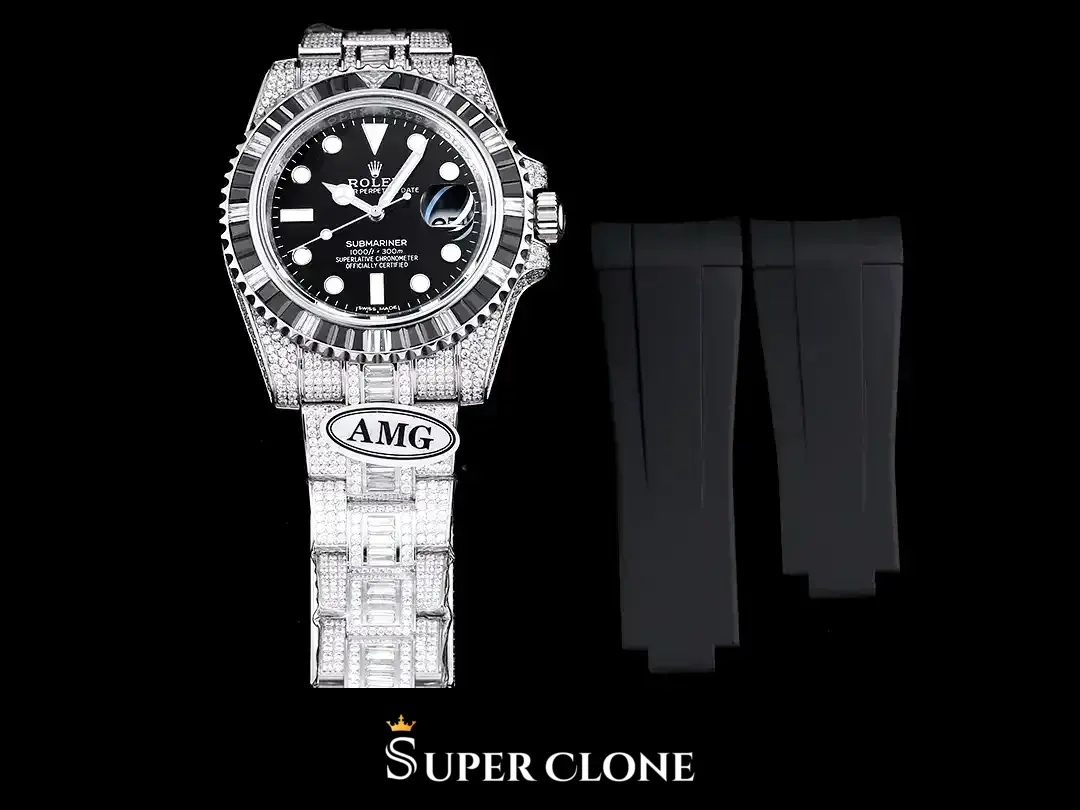 Submariner 116610LN replica con diamantes, detalle del cierre, brazalete Oyster iced-out