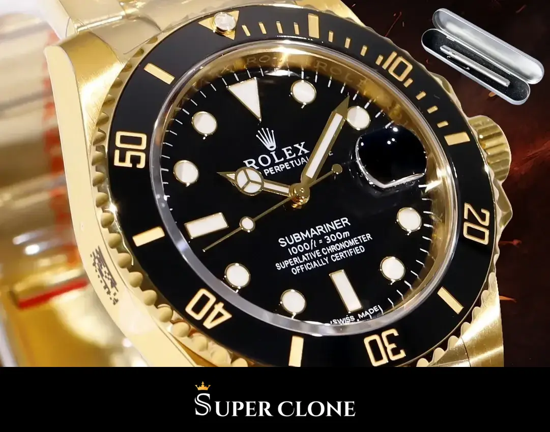 Rolex Submariner 116618LN Miyota replica, vista en ángulo, acabado en oro amarillo