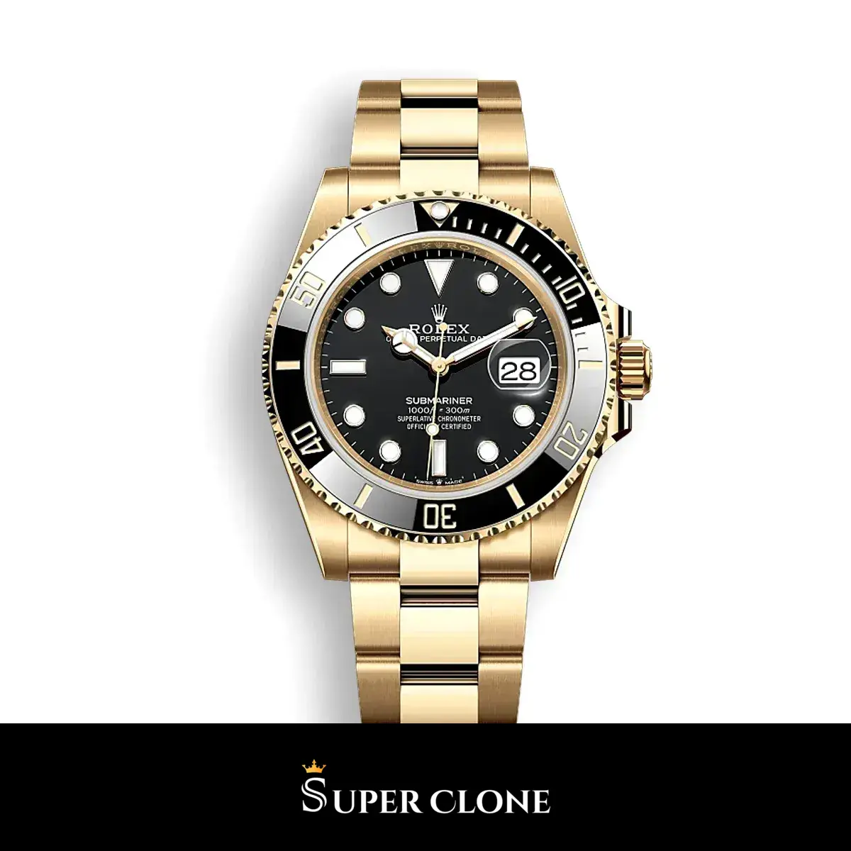 Rolex Submariner 126618LN réplica, vista frontal, caja de oro amarillo y esfera negra