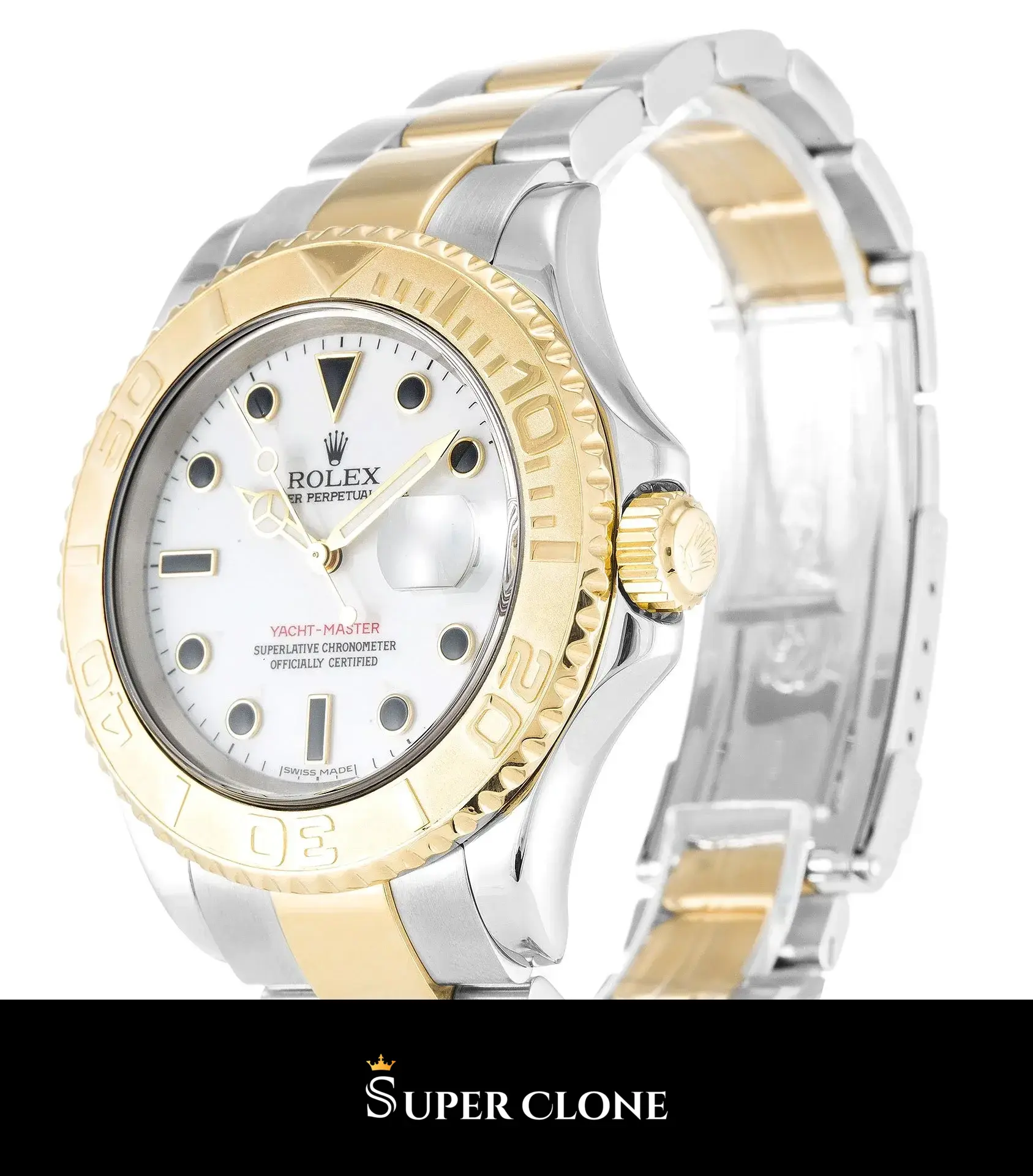 Rolex Yacht-Master 16623 replica, perfil de caja y bisel dorado, vista 3
