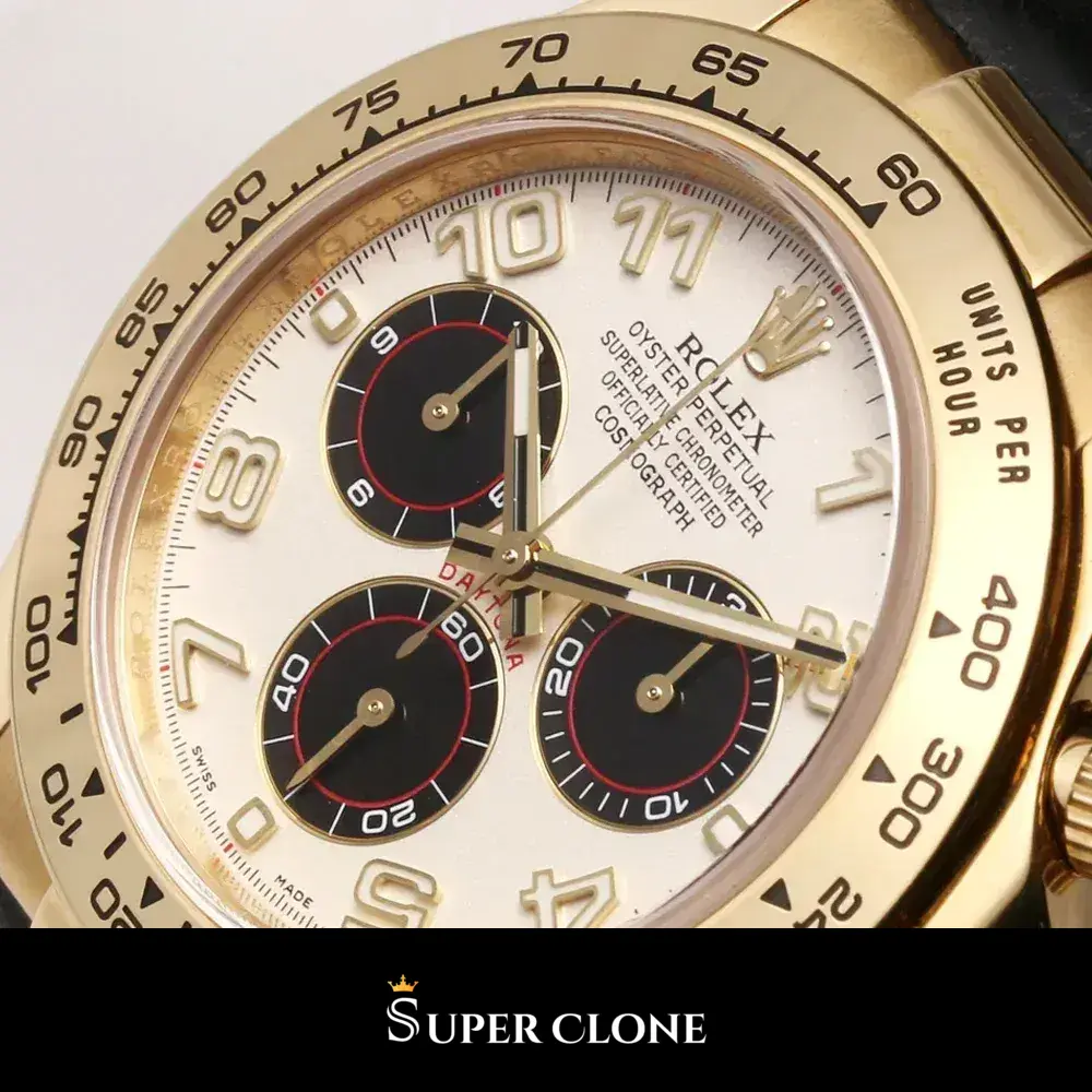 Rolex Daytona 116518 réplica, perfil lateral con caja en tono oro amarillo