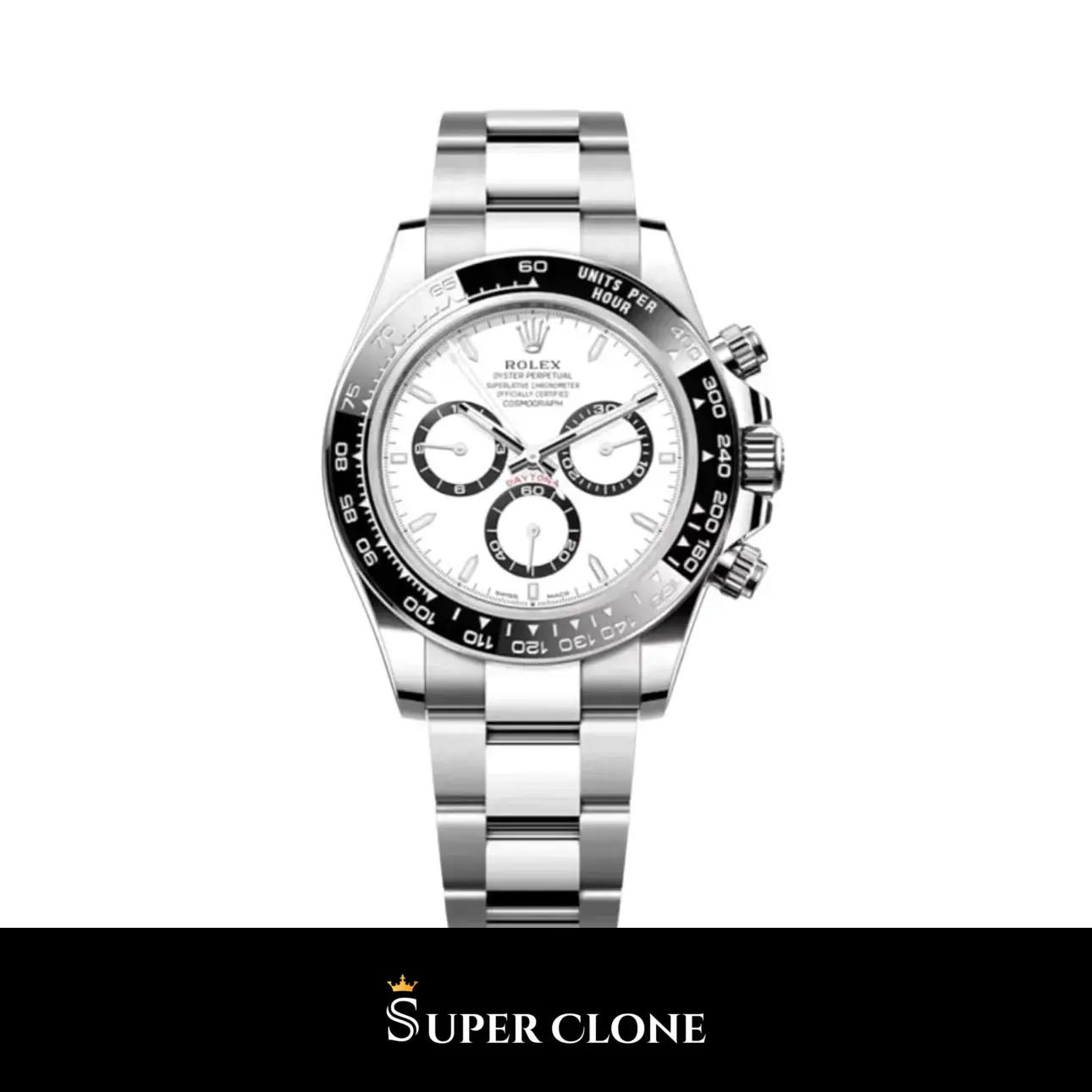 Rolex Daytona 126500LN Panda clon suizo esfera blanco — vista frontal