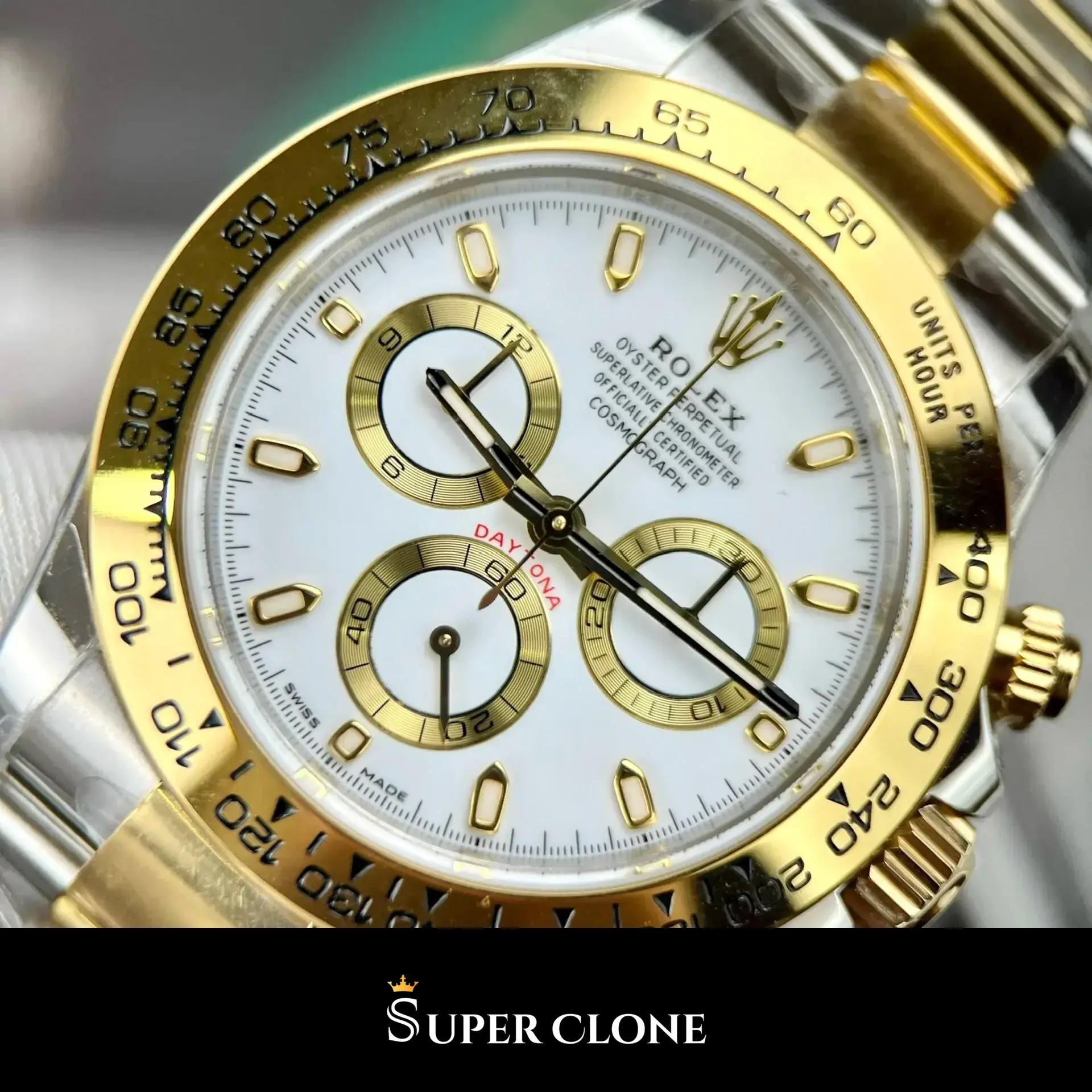 Rolex Daytona 126503 replica, esfera blanca panda, primer plano