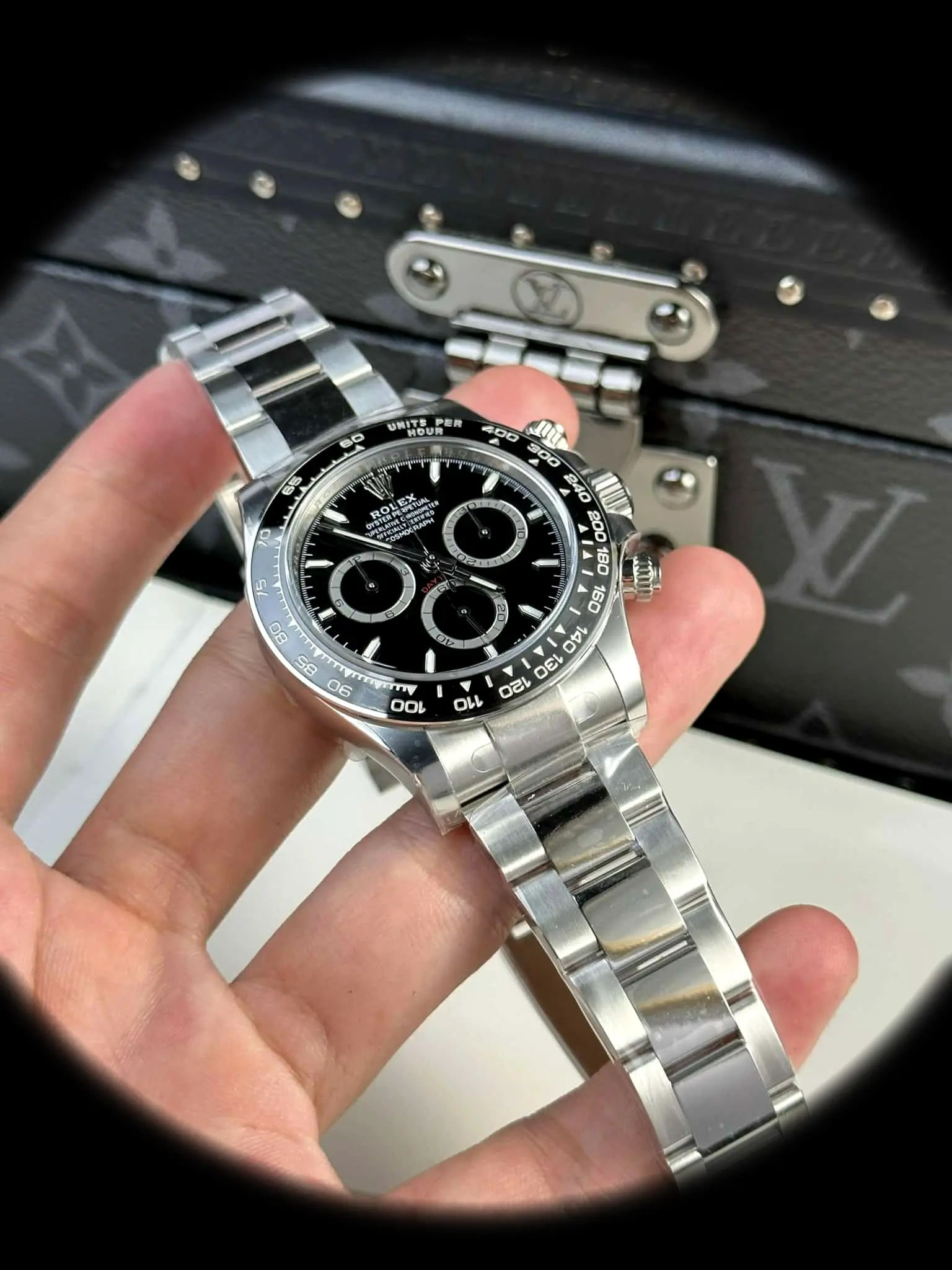 Rolex Daytona 126500LN super clon 40mm, esfera de cerca, esfera negra