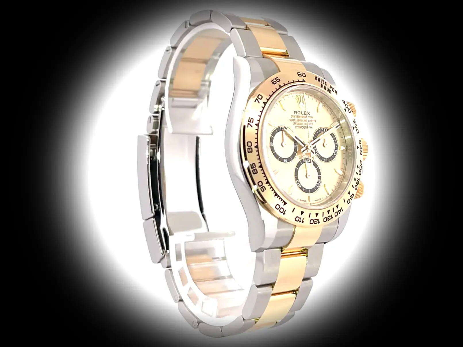 Rolex Daytona 126503 super clon, esfera dorada, detalle del fondo de caja