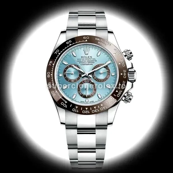 Rolex Daytona 116506 esfera azul hielo y bisel marrón castaño en platino réplica