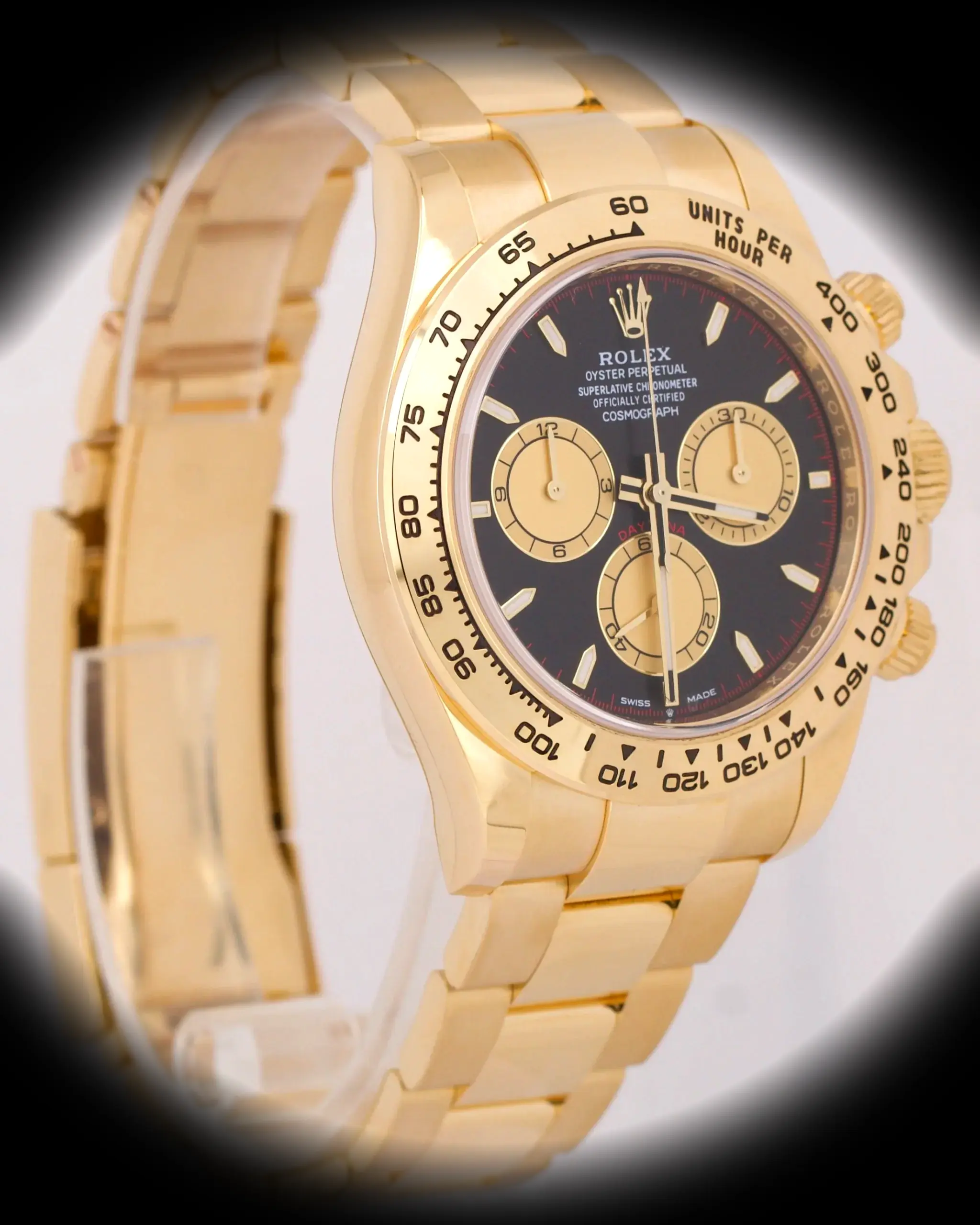 Rolex Daytona 126508 replica, primer plano de la esfera de 40 mm, negro y champán