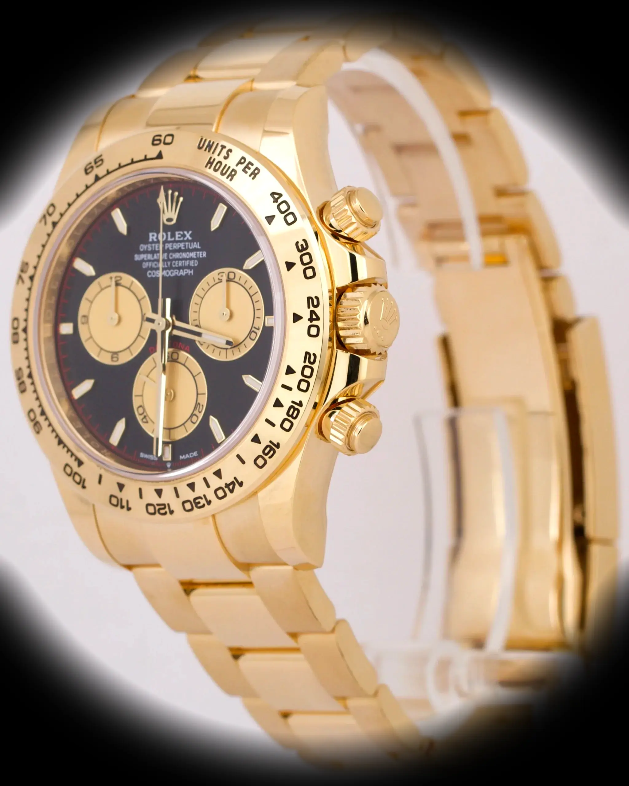 Rolex Daytona 126508 replica, perfil lateral de la caja en oro amarillo
