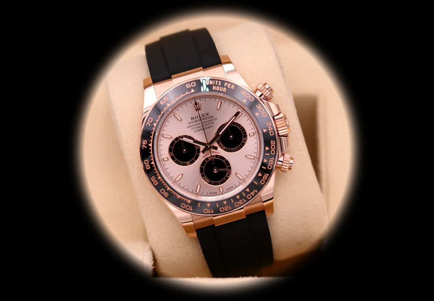 Rolex Daytona 126515LN super clon, perfil lateral en oro rosa
