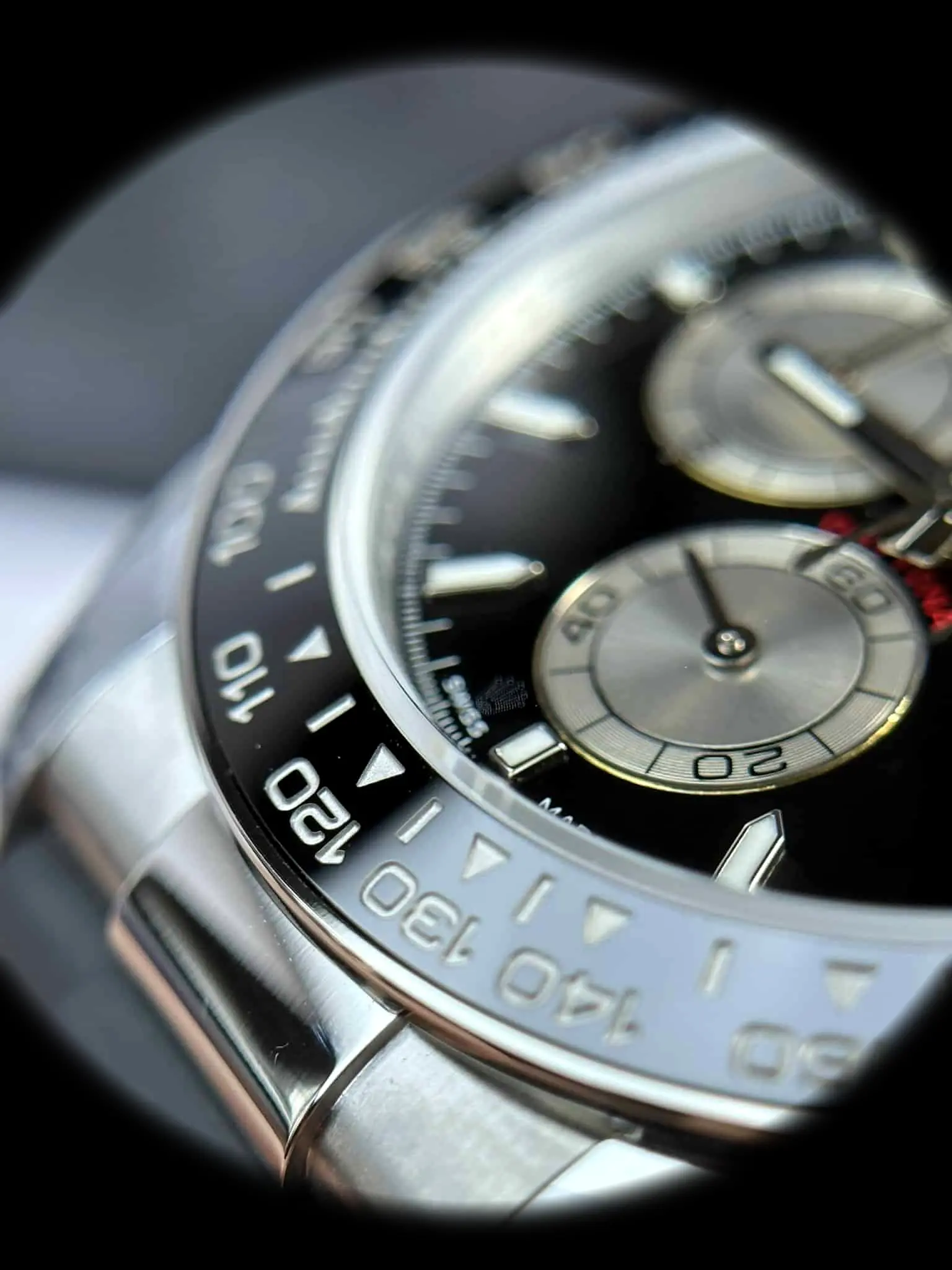 Rolex Daytona 126519LN Super Clon, macro del bisel taquimétrico de cerámica