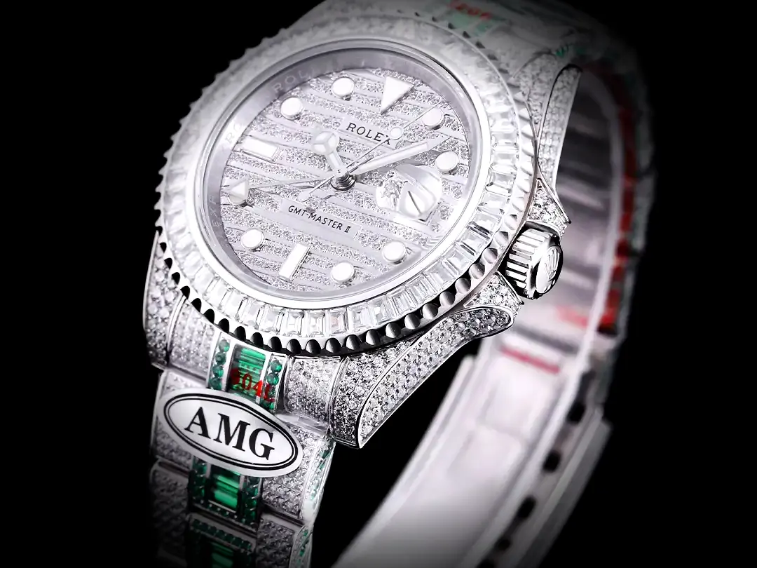 Rolex GMT-Master 116769TBR súper clon esfera de diamantes, detalle del fondo de caja