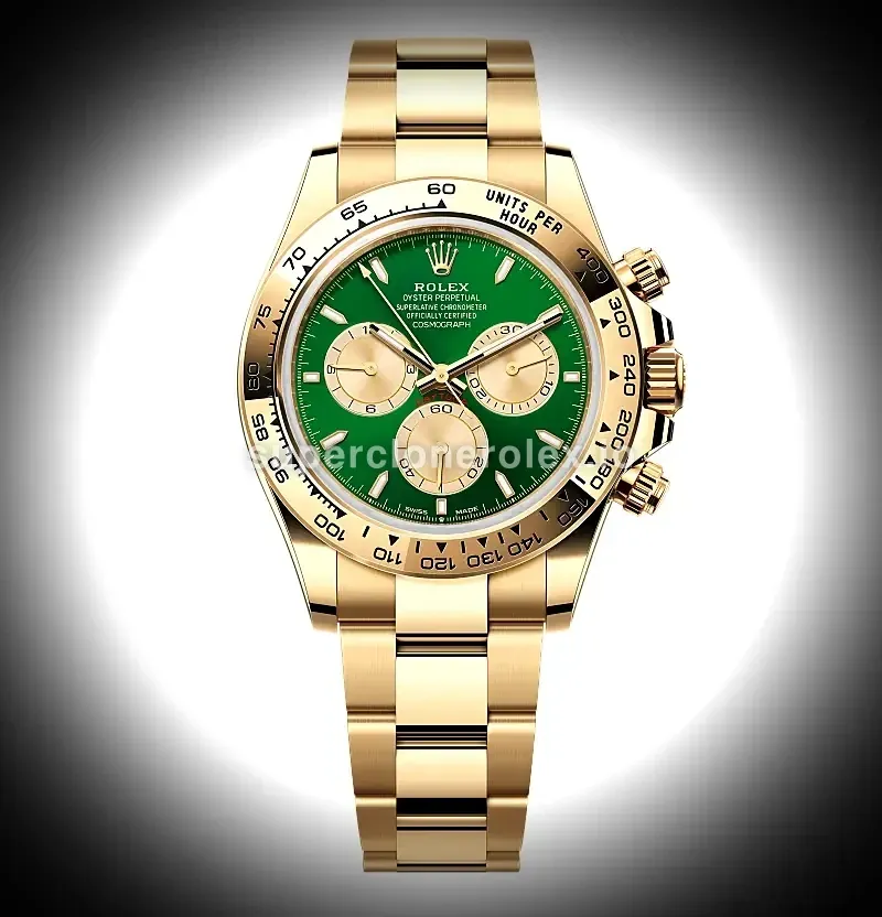 Rolex Daytona 126508 John Mayer clon suizo esfera verde brillante y oro — vista frontal
