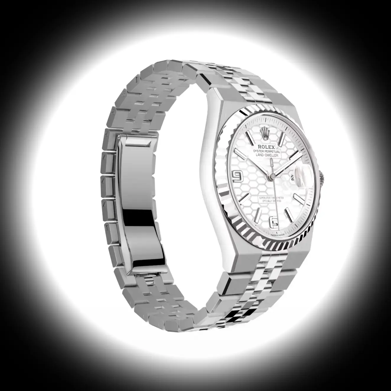 Rolex Land-Dweller 127234 clon suizo, detalle de la corona y la caja