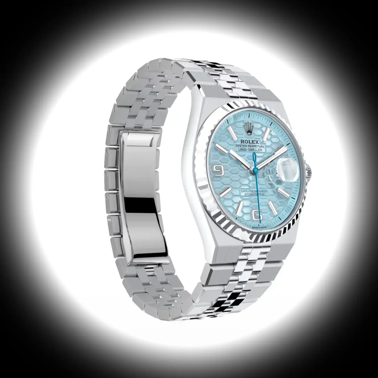 Rolex Land-Dweller 127236 clon eta, detalle de corona y caja