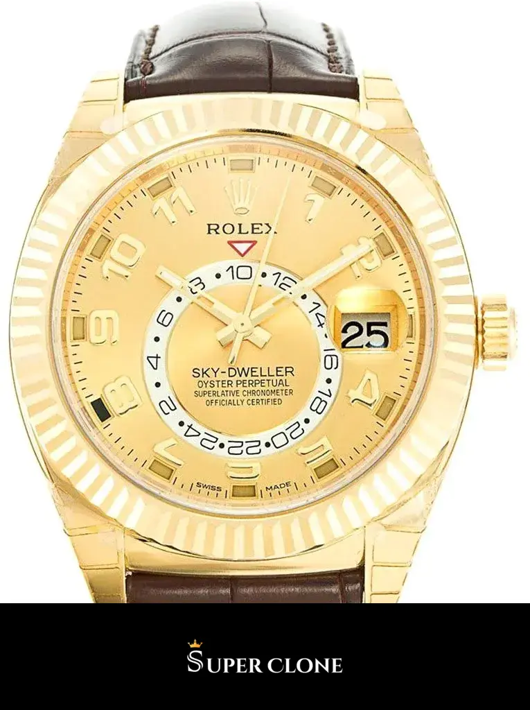 Rolex Sky-Dweller 326138 replica, detalle de la esfera dorada champán