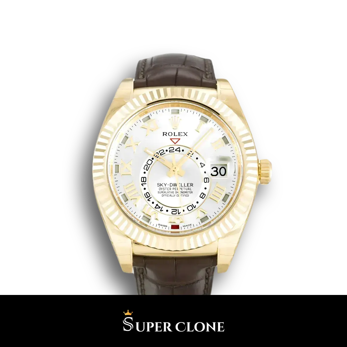 Rolex Sky-Dweller 326138 replica, esfera plateada con números romanos, vista frontal
