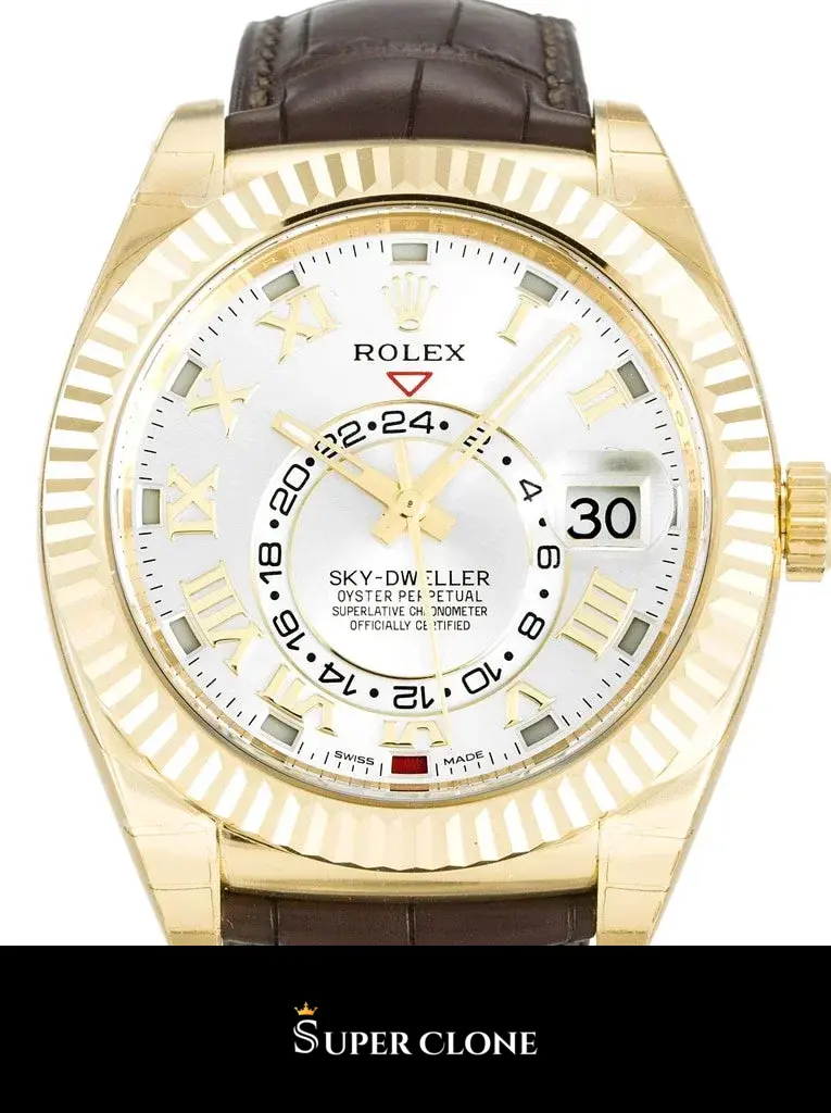 Rolex Sky-Dweller 326138 replica, primer plano de la esfera plateada sunray