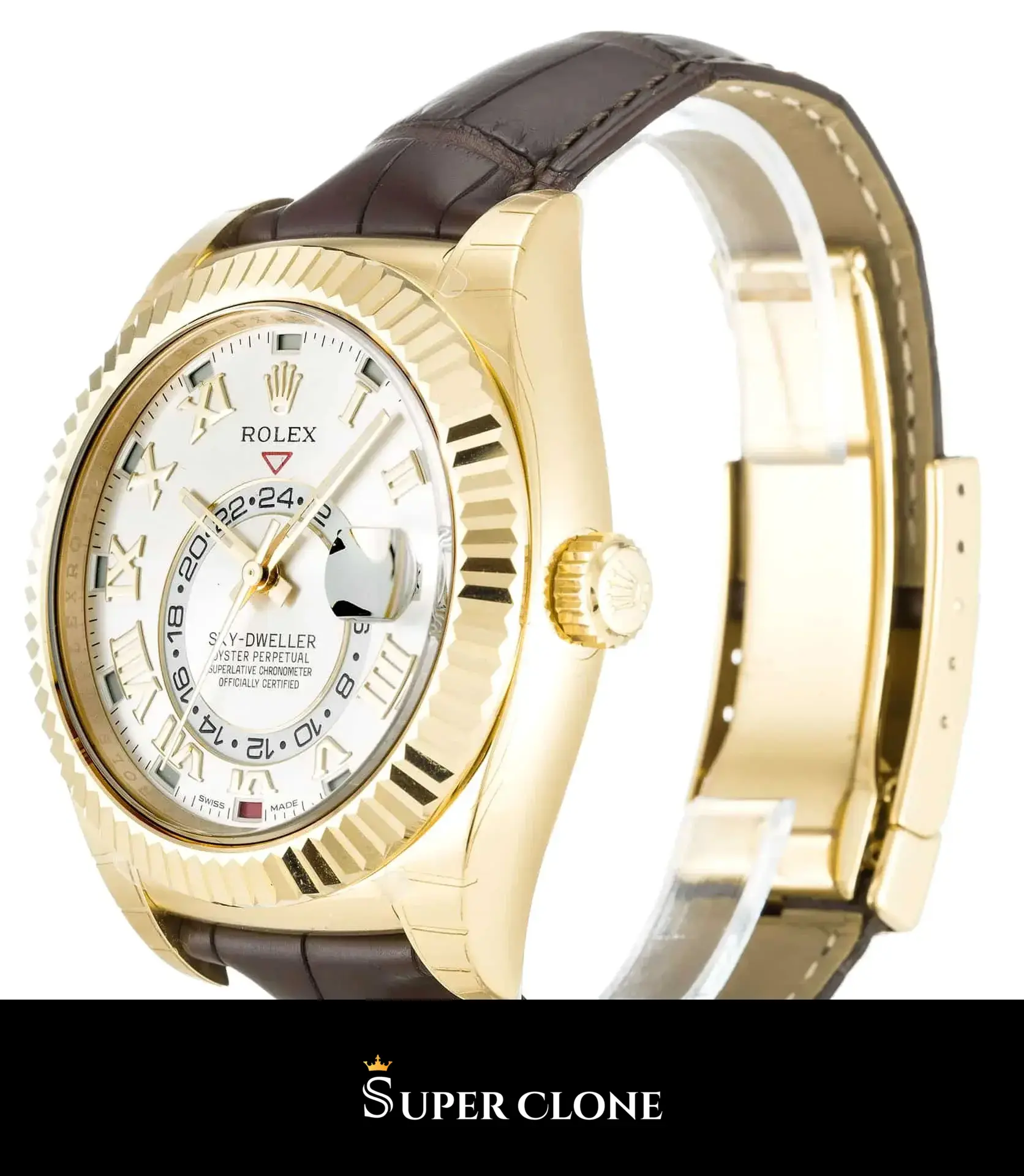 Rolex Sky-Dweller 326138 replica, detalle del bisel estriado en oro amarillo